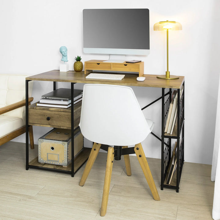 Skrivebord med skuffe og hylder, industrielt look, B118 x D48 x H75 cm, naturfarvet