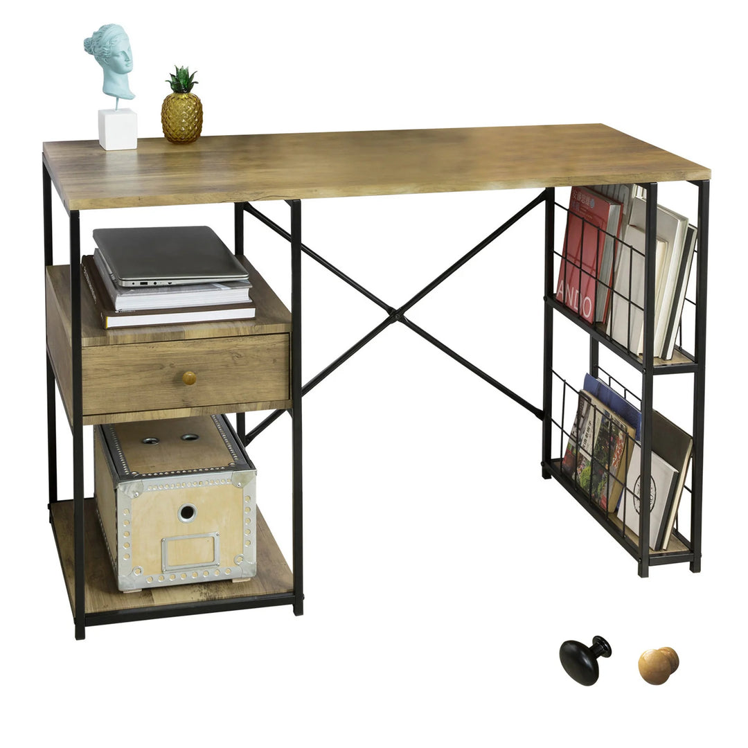 Skrivebord med skuffe og hylder, industrielt look, B118 x D48 x H75 cm, naturfarvet
