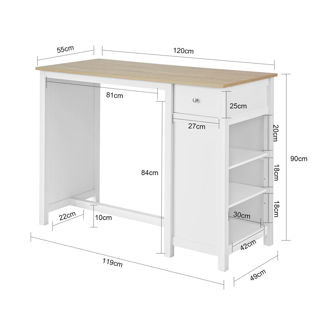 Barbord i skandi-stil, L120 x B55 x H90 cm, hvid
