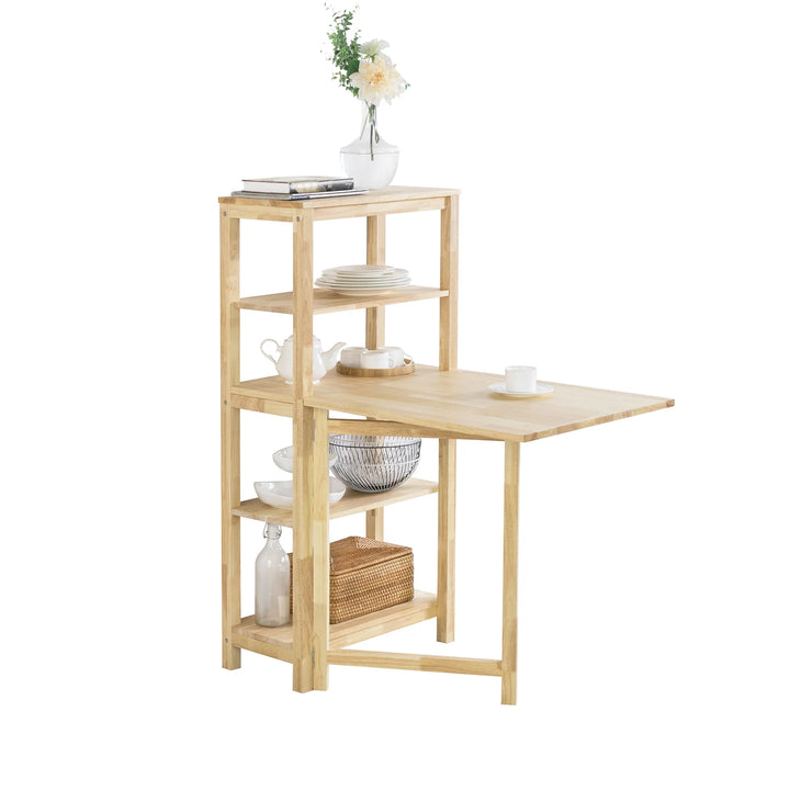 Reol med spisebord, pladsbesparende og multifunktionelt møbel, B98 x D60 x H126 cm, naturfarvet