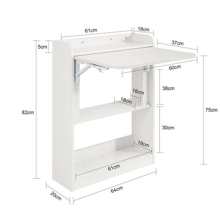 Vægmonteret foldebord / skrivebord, pladsbesparende, skandi-look, B64 x D58 x H82 cm, hvid