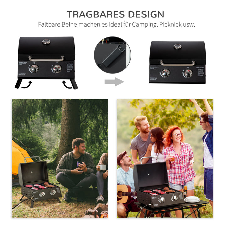 Bordgasgrill med 2 brændere, mobil grillvogn, grillnet, lille udendørs bordgasgrill til picnic, med trykregulator, slange, rustfrit stål, sort, 55 x 46,5 x 41 cm