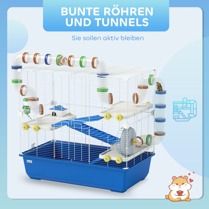 Hamsterbur med 4 niveauer, bur til små dyr med tunnelsystem, hytte, træningshjul, til dværghamstere, 78 x 45 x 73 cm, blå