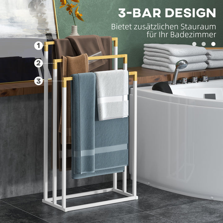 Kleankin håndklædeholder håndklædeholdersæt med 3 håndklædestænger, industrielt design, bambus, 45 x 22,5 x 86 cm, hvid + naturlig