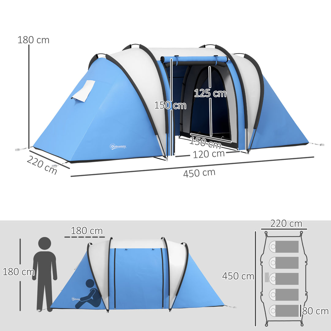 Campingtelt til 4-5 personer, let vandafvisende, familietelt med 3 værelser, sidedør, vindue, blå