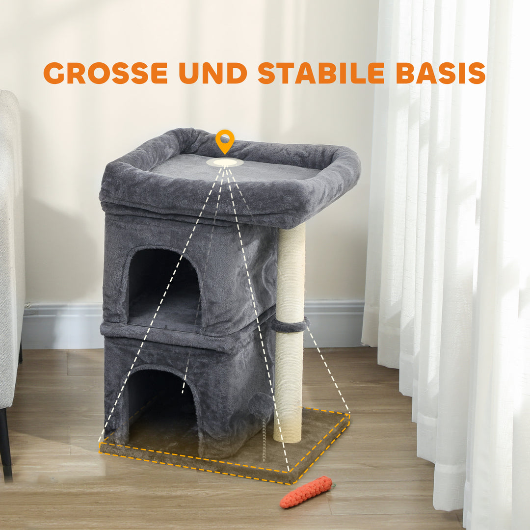 Kradsetræ til katte, kattetårn, 2 huler, platform, sisalstolper, kompakt, mørkegrå