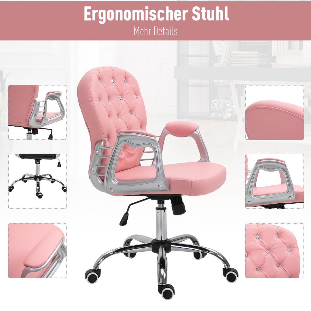Kontorstol, ergonomisk skrivebordsstol med armlæn, polstret ryglæn, højdejusterbar computerstol med kunstlæderlook, drejestol til hjemmekontor, lyserød