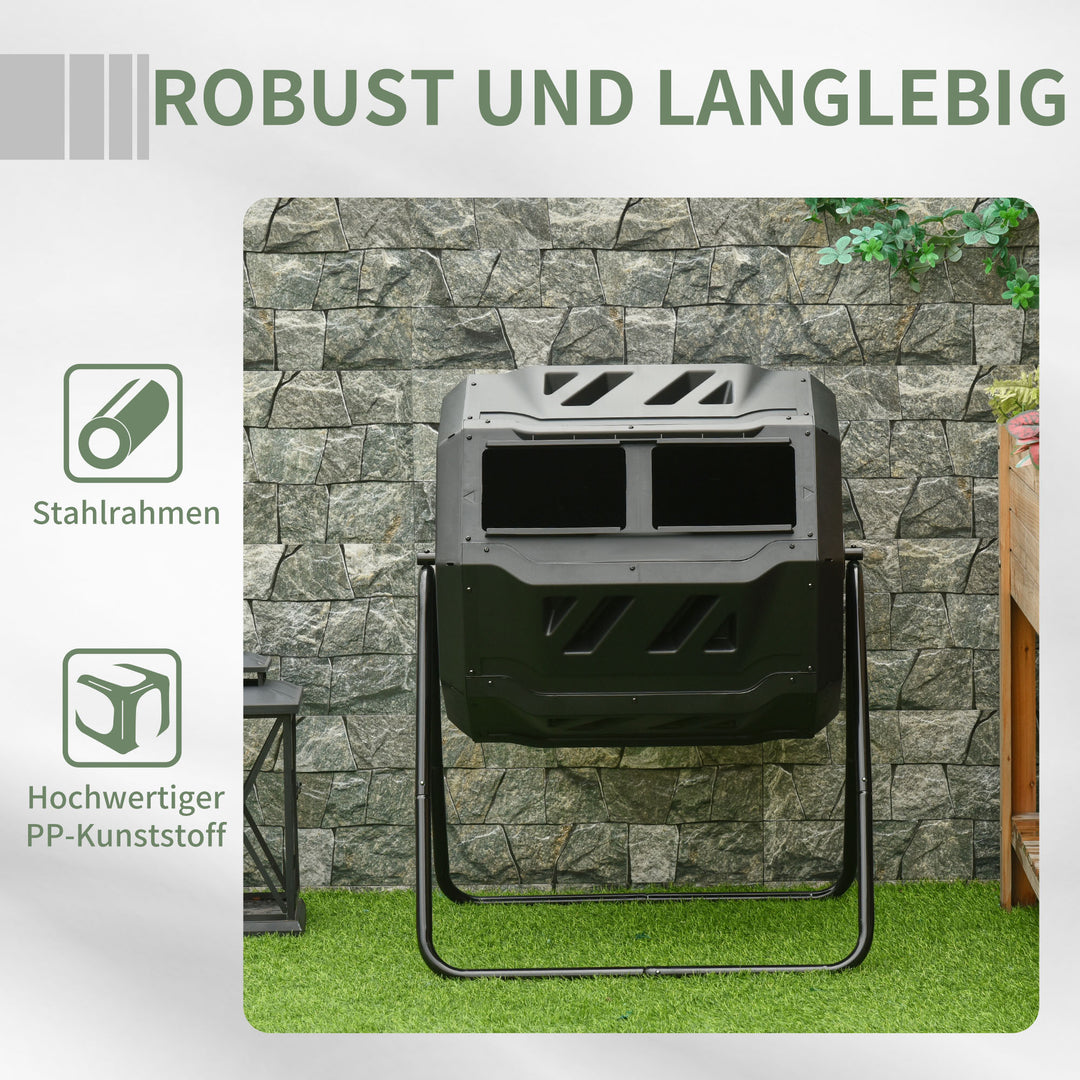 Kompostbeholder med 2 rum, 160 L kapacitet, drejelig, 71 cm x 65 cm x 96 cm, sort