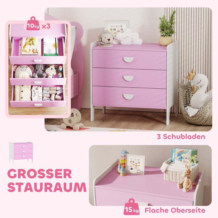 Børnekommode med 3 skuffer, mdf, opbevaringsskab til børn, pink+hvid