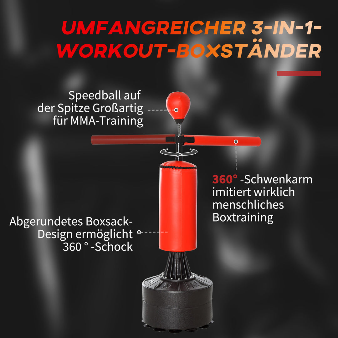 Stående boksesæk boksetræningsredskab med refleksbold, 360° roterende stang, sugekopbase, sand-/vandfyldbar, stående bokseassistent med handsker, luftpumpetræningsboksesæk 88 x 48 x 155-205 cm