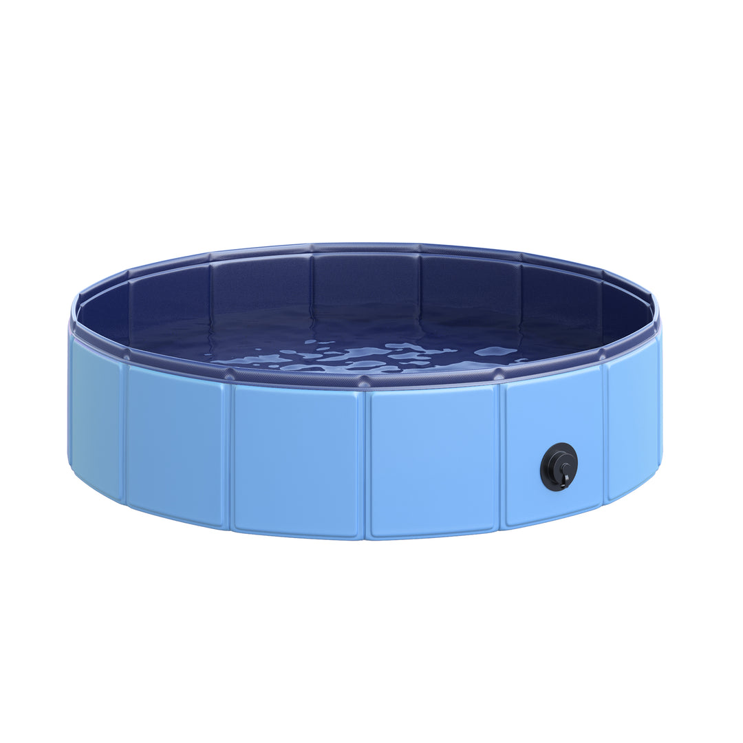 Sammenklappeligt hundebadekar, hundepool, swimmingpool, børnepool, badekar til hunde og katte, vandbassin af plastik og træ, Ø80 x H20 cm, blå