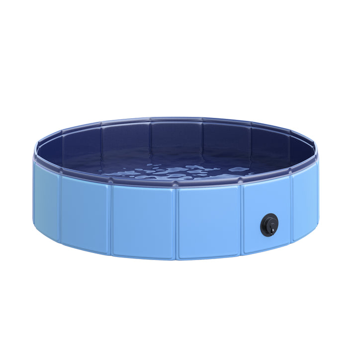 Sammenklappeligt hundebadekar, hundepool, swimmingpool, børnepool, badekar til hunde og katte, vandbassin af plastik og træ, Ø80 x H20 cm, blå