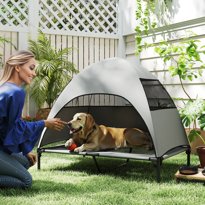 Udendørs hundeseng med tag, hævet hundeseng til store hunde, 106 x 76 x 99 cm, lysegrå