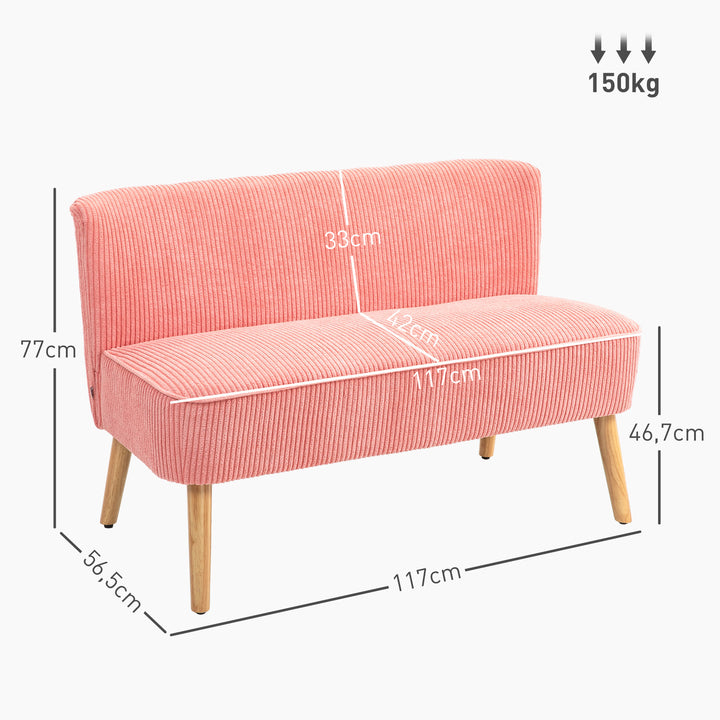 To-personers sofa, elegant skandinavisk design, massiv træramme, op til 150 kg, 117 x 56,5 x 77 cm, lyserød