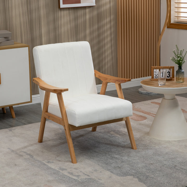 Polstret lænestol i skandinavisk design, fløjlslook, massivt træstel, 68 x 74 x 82 cm, natur + creme