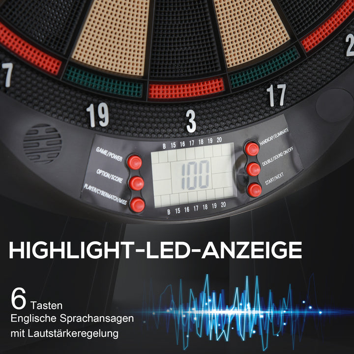 Elektronisk dartskive med automatisk scoring, dartsæt med 6 pile, 30 pilhoveder, 26 spil og 185 scoringsmuligheder til 8 spillere, lydeffekter, sort, 44 x 39,5 x 2,2 cm