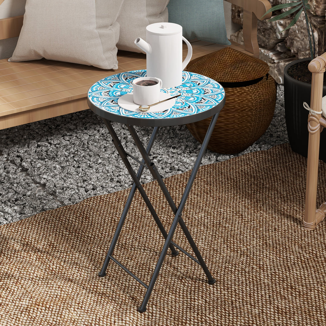Mosaik havebord, foldbart rundt terrassebord med metalramme og keramisk bordplade, mosaikmønster, blå