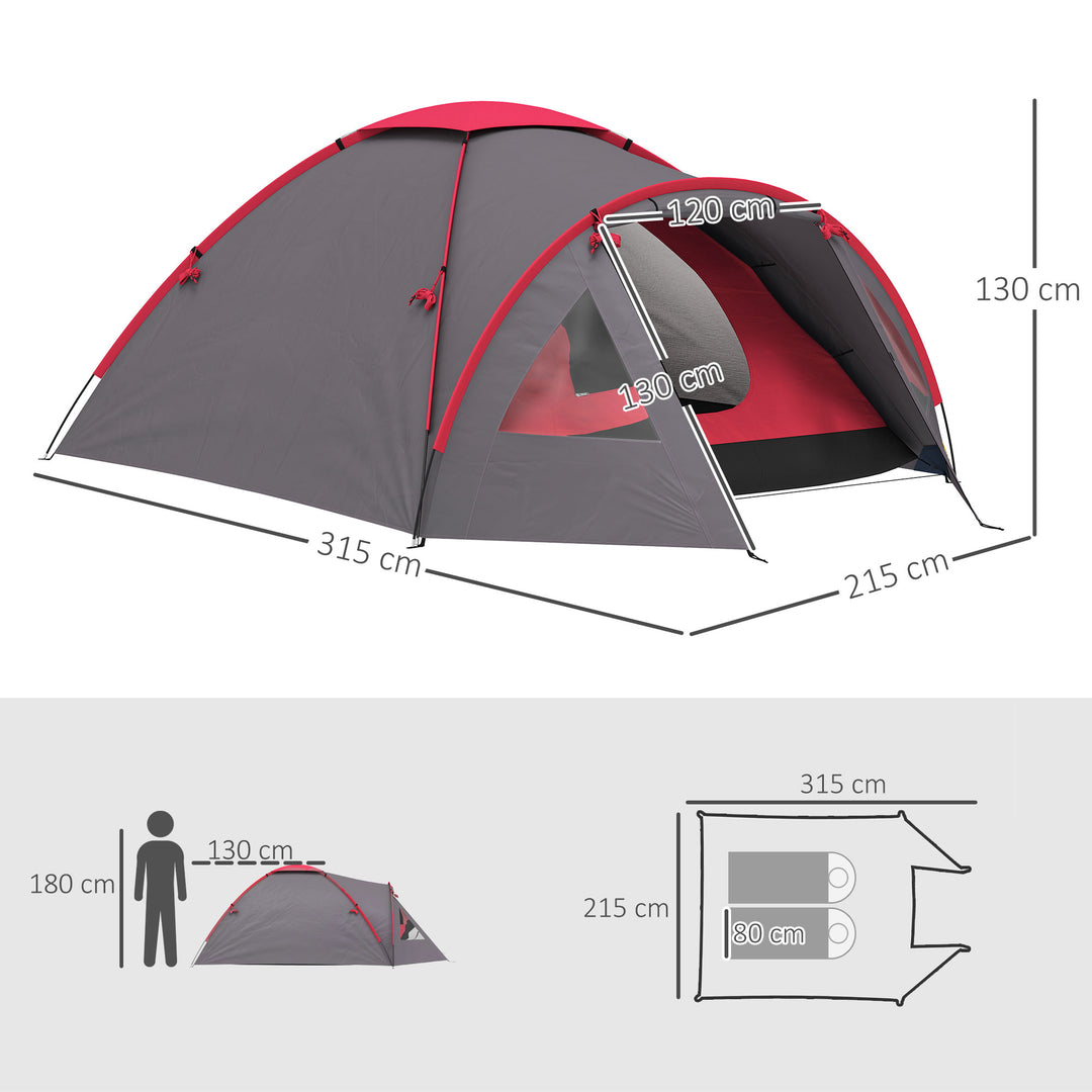 Campingtelt til 3 personer, let, stabilt, vandtæt, uv 50+ med baldakin, dør, vindue og teltbund, grå
