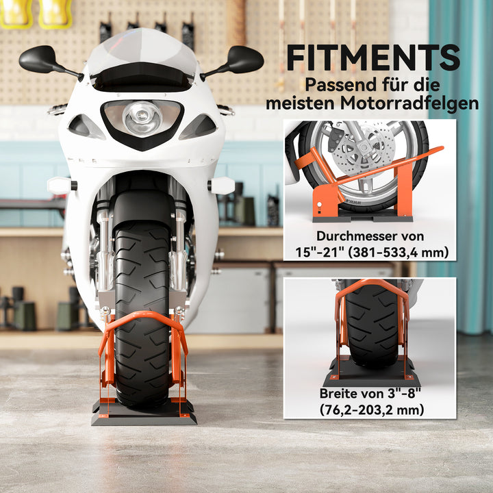 Motorcykelstativ til 15-21", 381-533,4 mm forhjul, justerbar motorcykelvippe, 816,5 kg lasteevne, orange