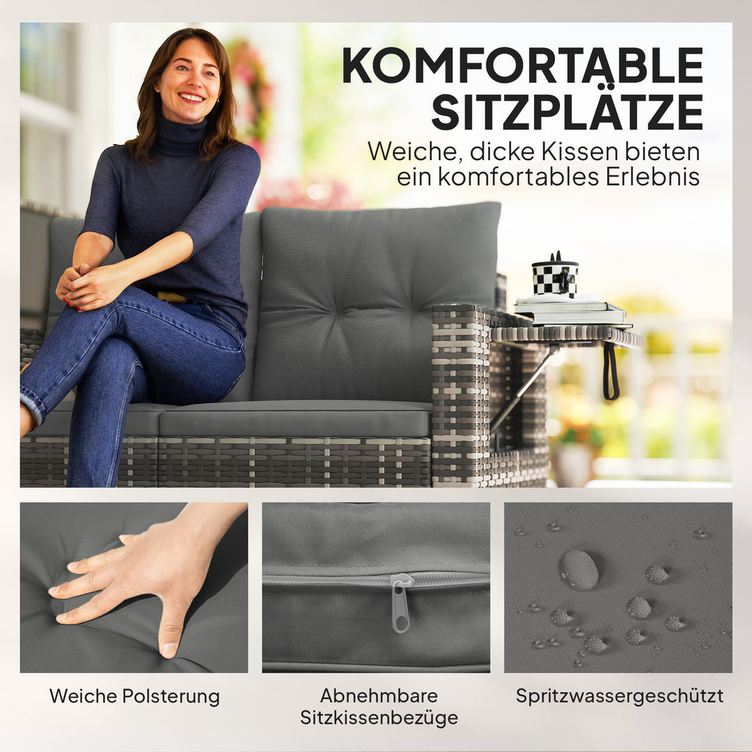 2-personers rattansofa med hynder, foldbare sidebakker, loungesofa, siddegruppe, lysegrå