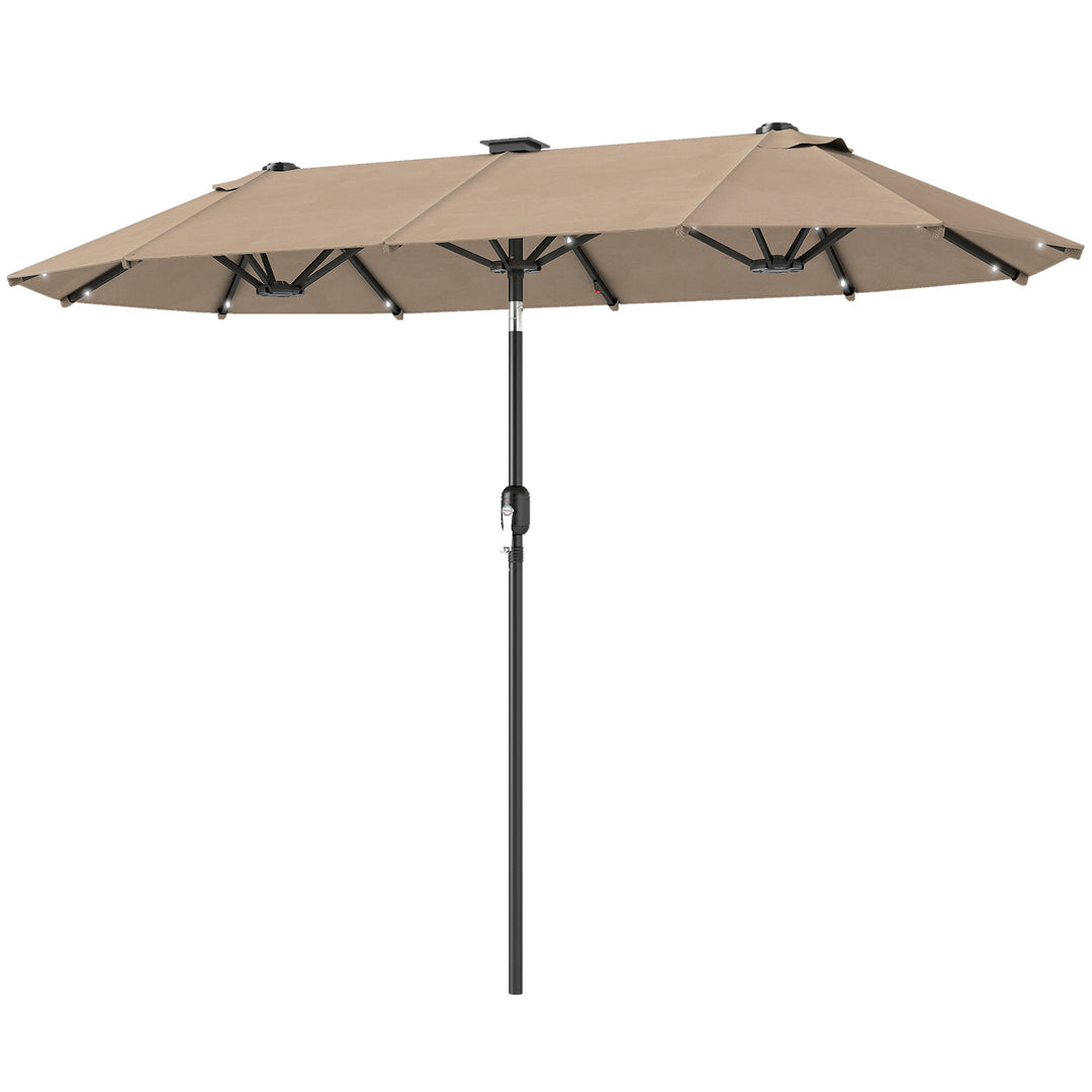 Dobbelt parasol 292 x 150 cm, parasol med LED-belysning, håndsving, vippefunktion, khaki