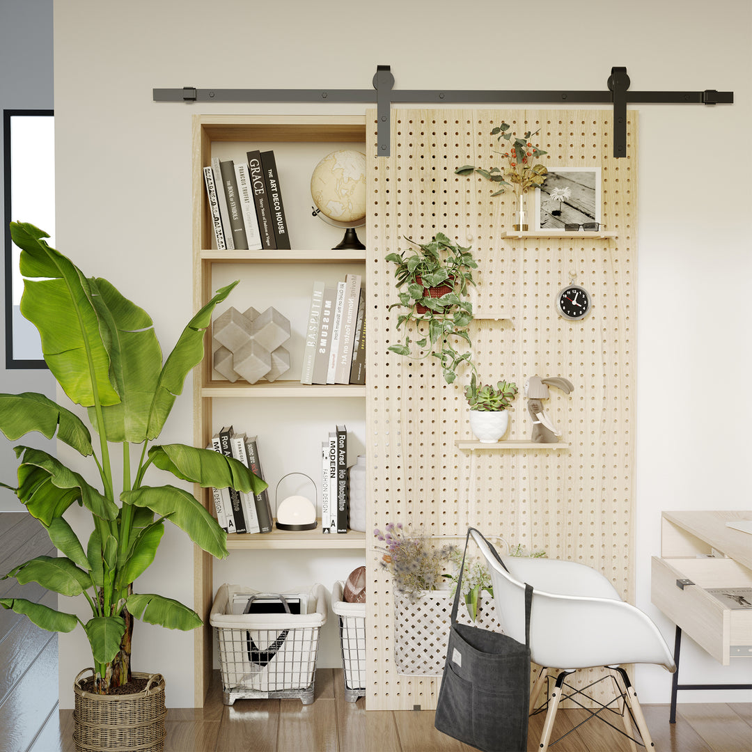 Skydedørsbeslagsæt, pladsbesparende, støjsvag, universelt anvendelig, 200 cm x 40 cm x 0,6 cm, sort