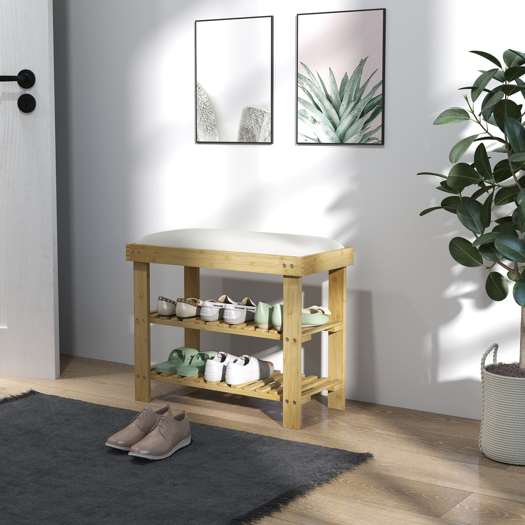 Skobænk med sæde, bambusbænk med opbevaring, 2 åbne rum, bænk 60 x 29 x 49 cm cremehvid
