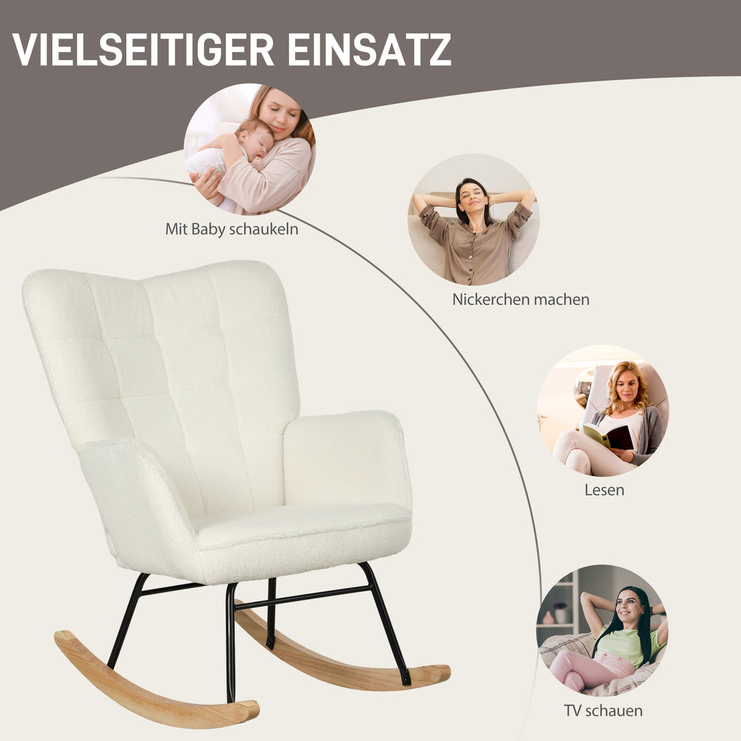 Gyngestol i fleece-look med armlæn, ergonomisk lænestol med træbase, til stue, soveværelse, hvid