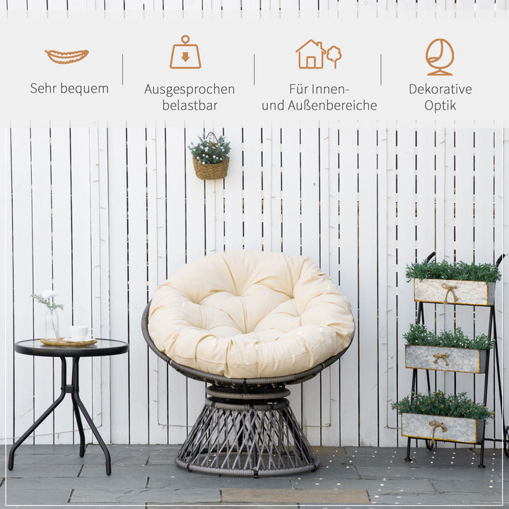 Papasan stol, kurvestol, sædehynde, syntetisk rattan, drejelig, metalstel, 87 x 97 x 86 cm, beige