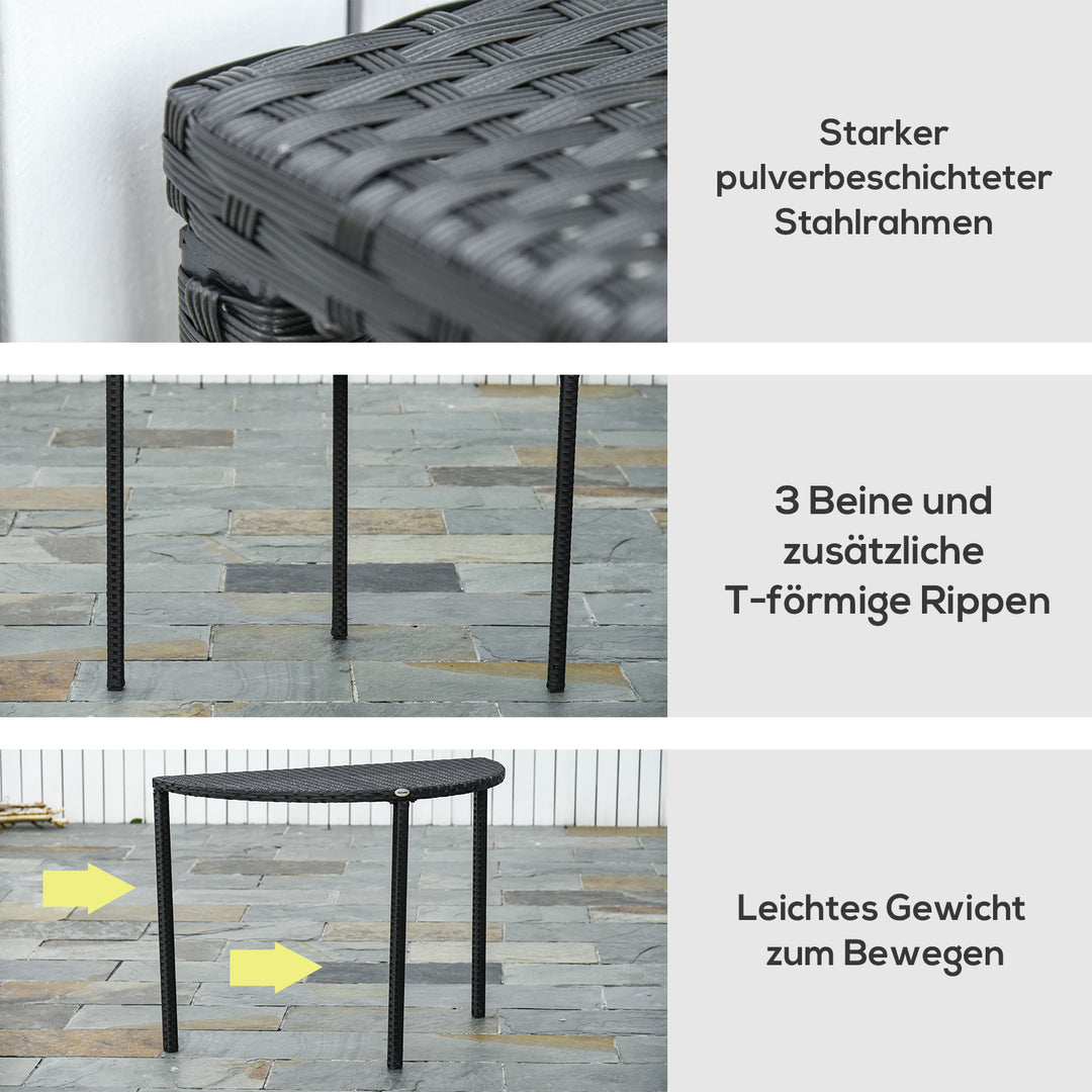Balkonbord, havesidebord, havemøbler, halvrundt, polyrattan, metal, sort, 100 x 50 x 74 cm