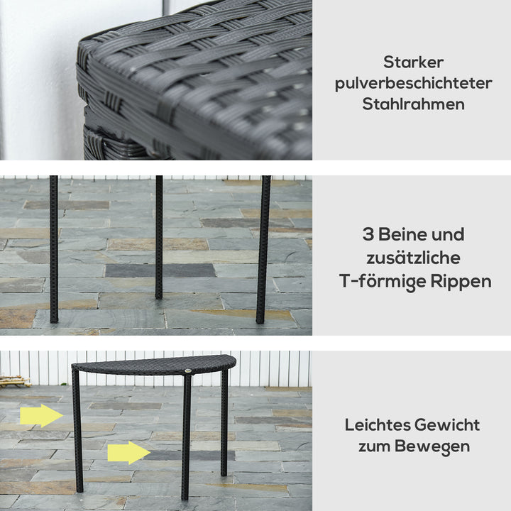 Balkonbord, havesidebord, havemøbler, halvrundt, polyrattan, metal, sort, 100 x 50 x 74 cm