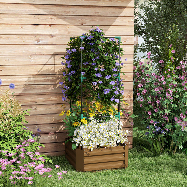 Højbed med espalier, plantekasse med klatrehjælp, åben bund, vejrbestandig, 61 cm x 61 cm x 140 cm, brun