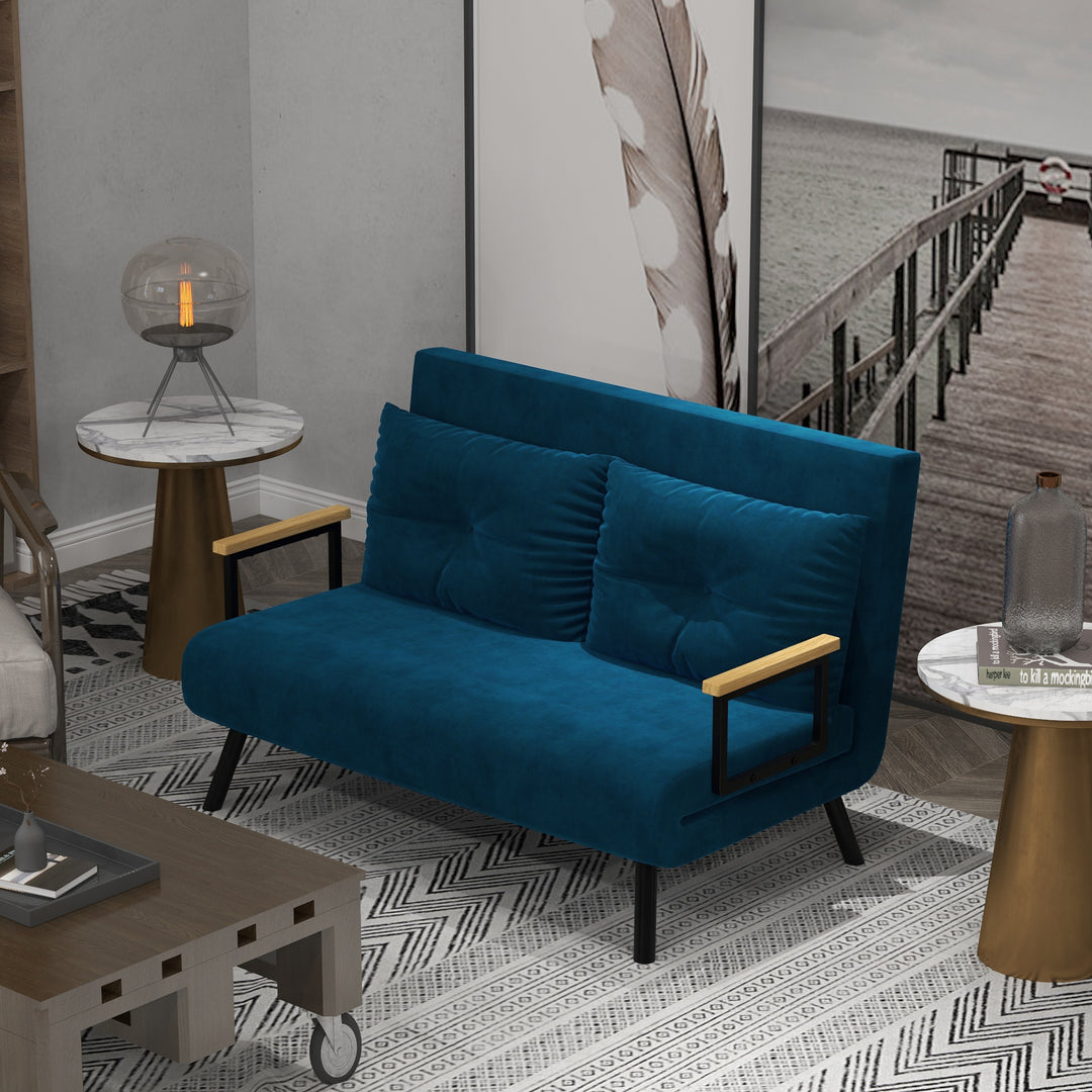 2-Personers sovesofa med fløjlsbetræk, sovefunktion, inklusive 2 puder, fløjlslook, natur + blå