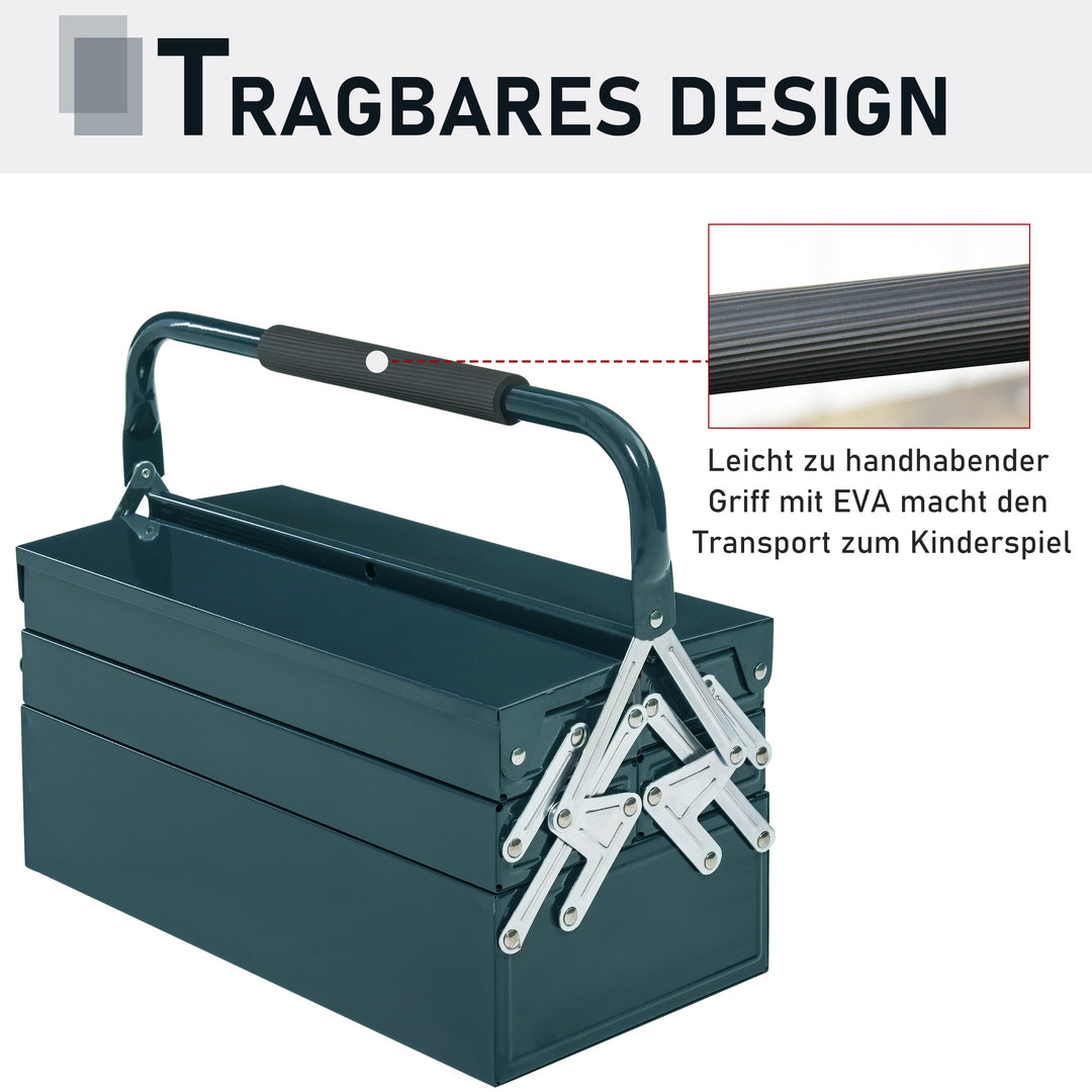 Værktøjskasse værktøjskuffert monteringsværktøjskasse tom pladsbesparende med 5 rum foldbar robust stål (spcc) mørkegrøn 45 x 20 x 34,5 cm