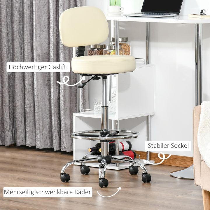 Barstol, højdejusterbar barstol med hjul lavet af kunstlæder arbejdsskammel kontorskammel 360° drejelig med ryglæn polstret beige 56 x 57 x 104-127 cm
