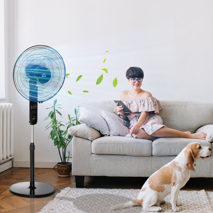 Sokkelventilator med fjernbetjening, højdejusterbar ventilator, 70° oscillerende ventilator, 3 hastighedsindstillinger, justerbar hældningsvinkel, 7,5 timer, Ø44,5 x 110-124 cm, sort