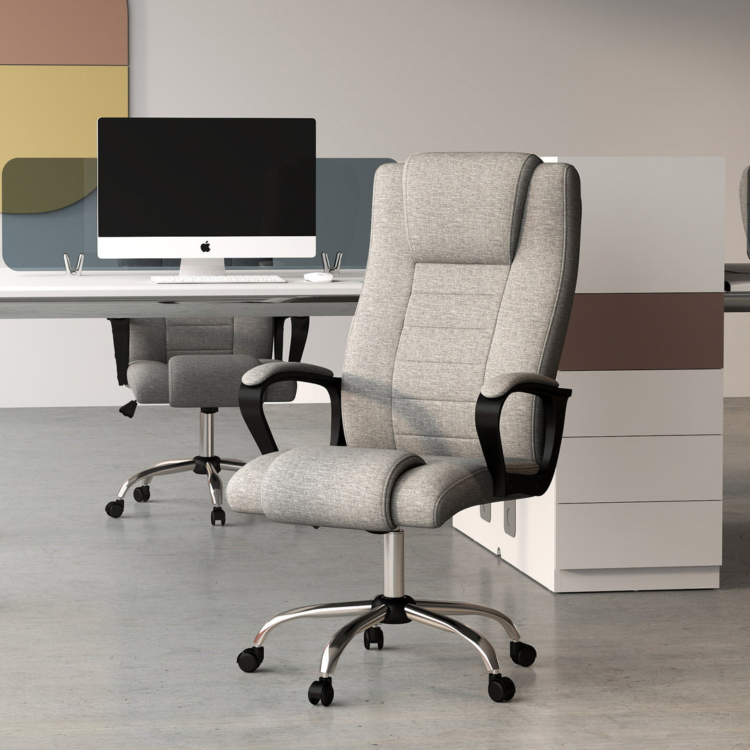 Kontorstol, computerstol med vippefunktion, nakkestøtte, ergonomisk skrivebordsstol, drejelig, højdejusterbar, grå linnedbetræk, 62 x 76 x 110-119 cm