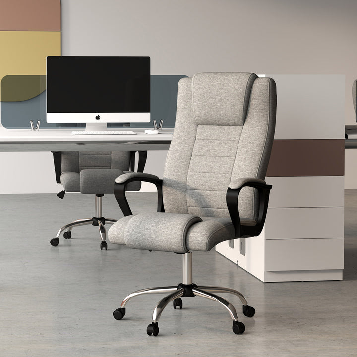 Kontorstol, computerstol med vippefunktion, nakkestøtte, ergonomisk skrivebordsstol, drejelig, højdejusterbar, grå linnedbetræk, 62 x 76 x 110-119 cm