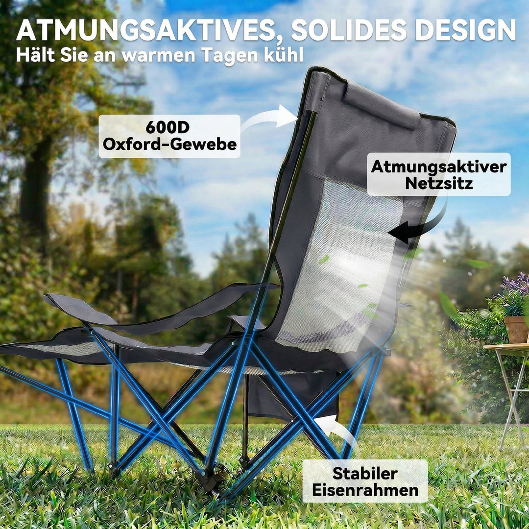 Sæt med 2 foldbare campingstole/fiskestole med justerbar ryglæn, fodstøtte, kopholder og nakkestøtte, mørkegrå