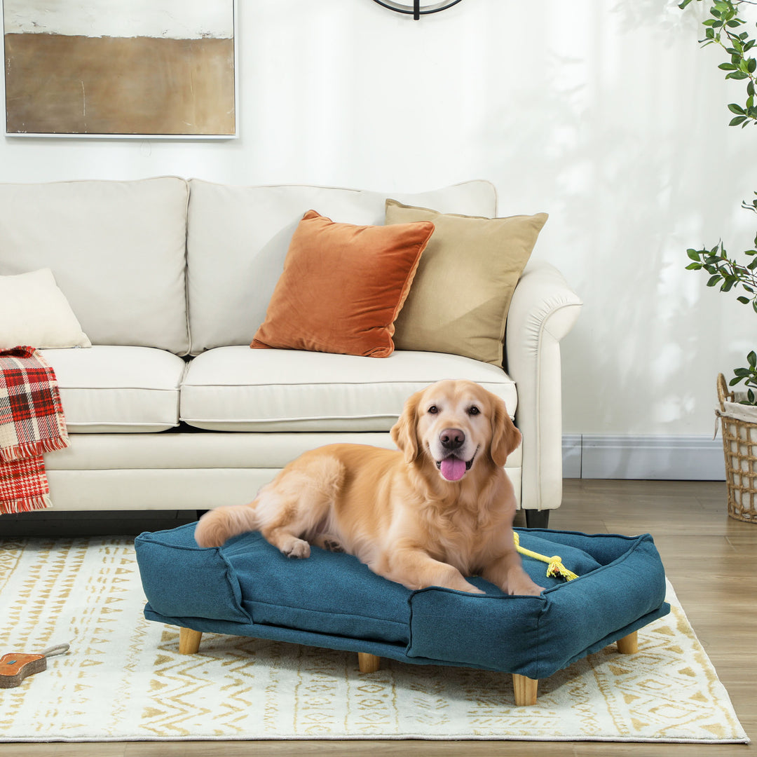 Hundesofa, hundekurv, kæledyrsseng, aftagelig og vaskbar polstring, natur + mørkeblå