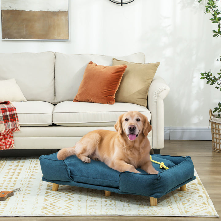 Hundesofa, hundekurv, kæledyrsseng, aftagelig og vaskbar polstring, natur + mørkeblå