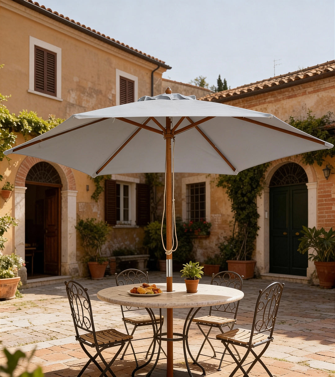 Parasol Ø 250 cm, parasol med rebtrækmekanisme, balkonparasol, strandparasol af bambus, vindtæt, markedsparasol, solskærm til balkon, terrasse, have, grå