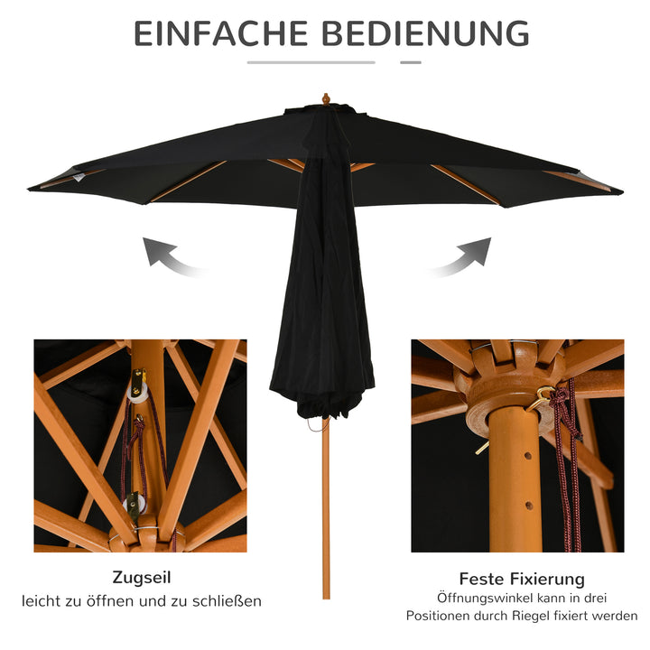 Parasol Ø 300 cm, parasol med UV-beskyttelse, træparasol til balkon, stabil strandparasol, markedsparasol, solbeskyttelse til strand, terrasse, have, sort