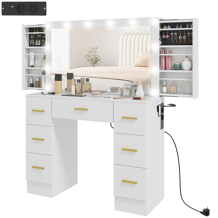 Toiletbord med spejl og 12 led-lys, sminkebord med 7 skuffer, 6 skjulte opbevaringsrum, spånplade, hvid