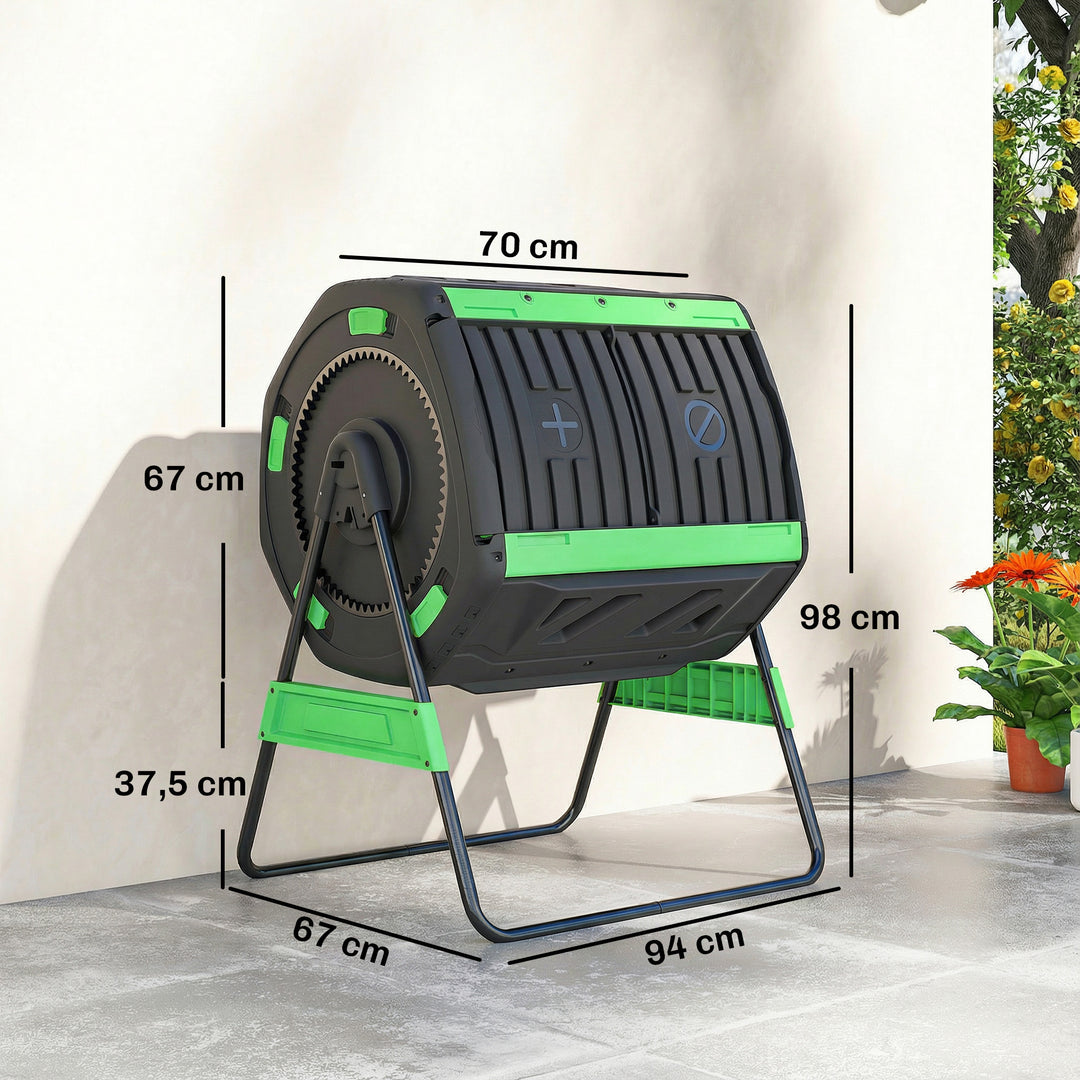 Kompostbeholder, 200L dobbeltkammerkomposter med justerbare ventilationsåbninger, BPA-fri, grøn
