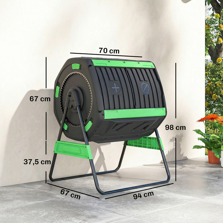 Kompostbeholder, 200L dobbeltkammerkomposter med justerbare ventilationsåbninger, BPA-fri, grøn