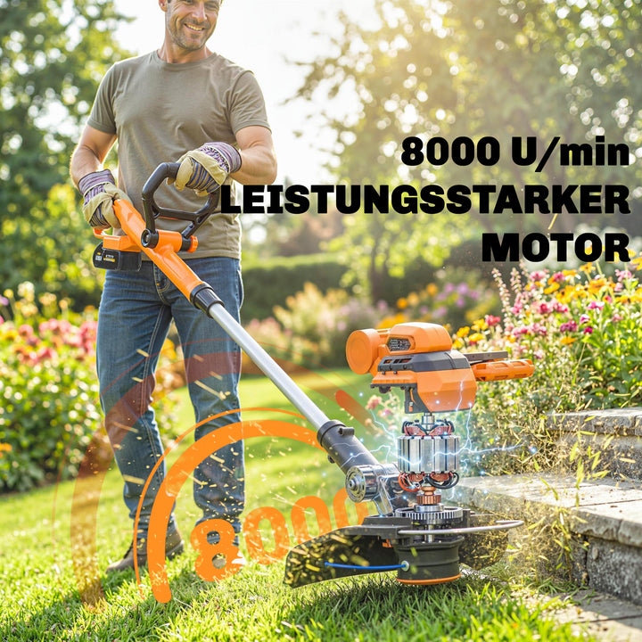 21V batteridrevet græstrimmer med 2 x 4,0 Ah batterier, 25 cm klippebredde