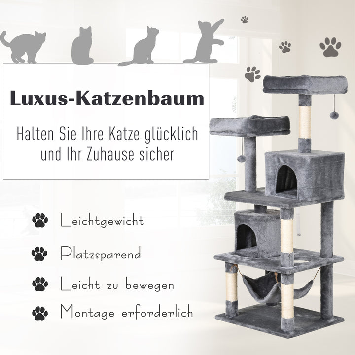 Kradsetræ til katte stor 145 cm, kradsetræ med hængekøje, klatretræ til katte, kradsetræ til kattehulemøbler med sisalstolper, lysegrå