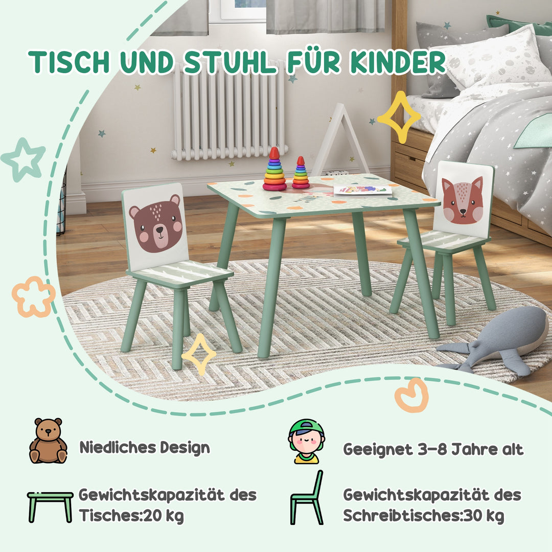 Zonekiz siddegruppe til børn 3-8 år, 1 bord og 2 stole, sødt dyremotiv, grøn