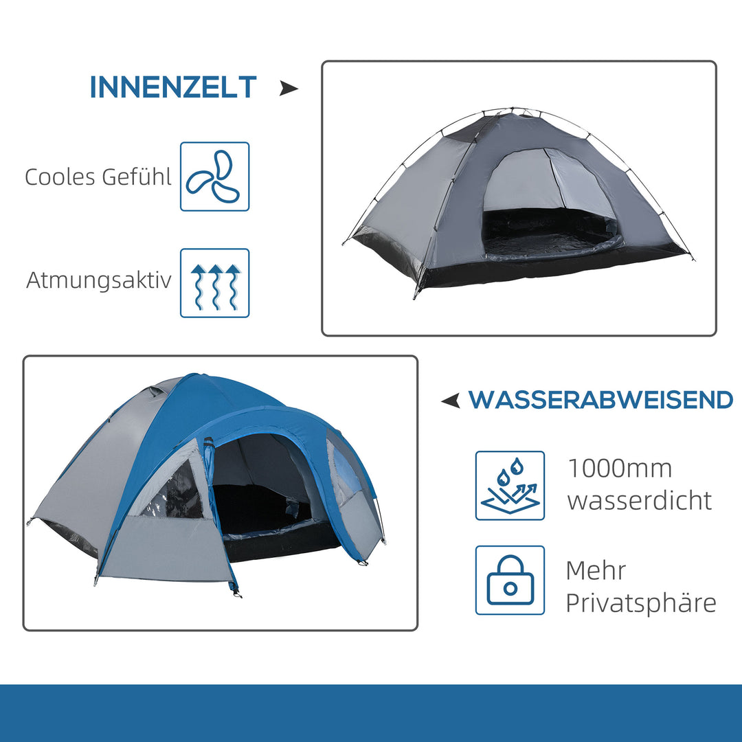 Campingtelt til 4 personer, helårsbrug, 3,00 x 2,50 x 1,30 m, blå og grå